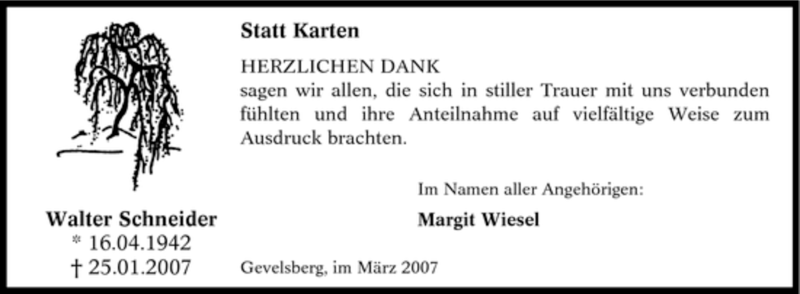  Traueranzeige für Walter Schneider vom 03.03.2007 aus Tageszeitung
