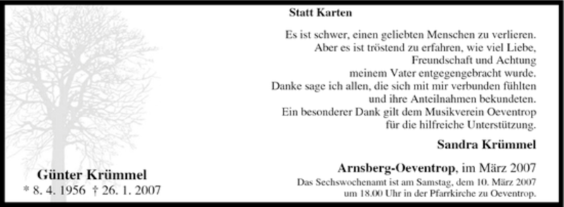  Traueranzeige für Günter Krümmerl vom 03.03.2007 aus Tageszeitung