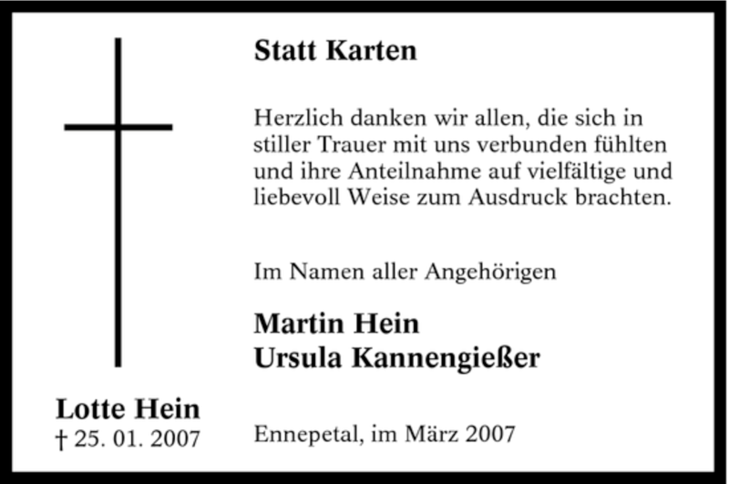  Traueranzeige für Lotte Hein vom 03.03.2007 aus Tageszeitung