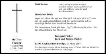 Traueranzeige von Arthur Picker von Tageszeitung