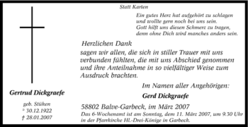 Traueranzeige von Gertrud Dickgraefe von Tageszeitung