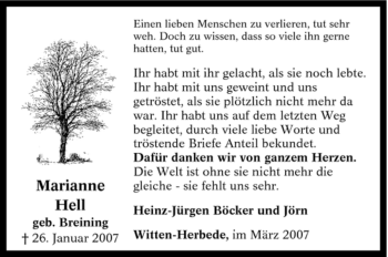 Traueranzeige von Marianne Hell von Tageszeitung