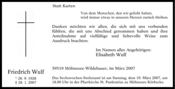 Traueranzeige von Friedrich Wulf von Tageszeitung