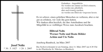 Traueranzeige von Josef Nolte von Tageszeitung