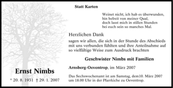 Traueranzeige von Ernst Nimbs von Tageszeitung