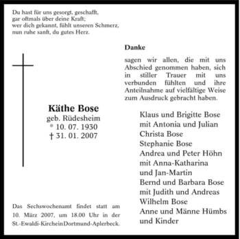 Traueranzeige von Käthe Bose von Tageszeitung