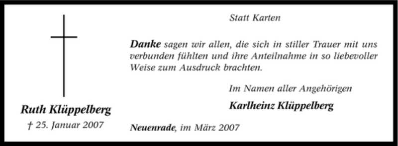  Traueranzeige für Ruth Klüppelberg vom 03.03.2007 aus Tageszeitung