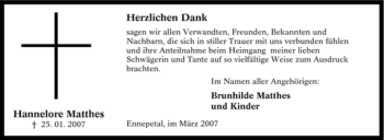 Traueranzeige von Hannelore Matthes von Tageszeitung
