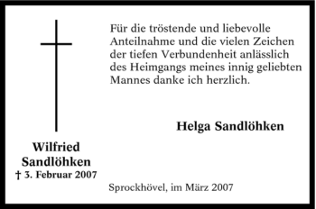 Traueranzeige von Wilfried Sandlöhken von Tageszeitung