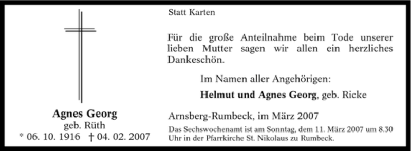  Traueranzeige für Agnes Georg vom 03.03.2007 aus Tageszeitung