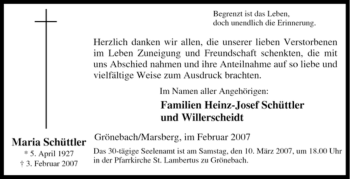 Traueranzeige von Maria Schüttler von Tageszeitung