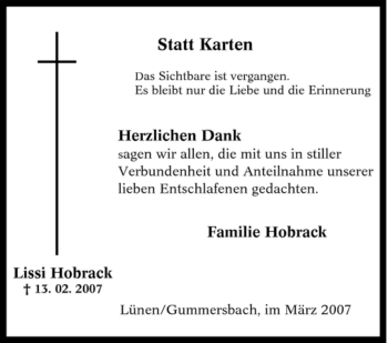 Traueranzeige von Lissi Hobrack von Tageszeitung