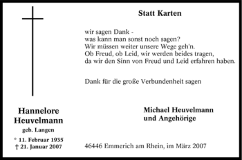 Traueranzeige von Hannelore Heuvelmann von Tageszeitung