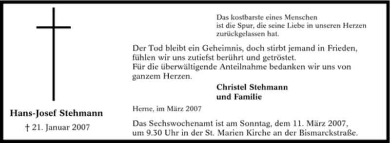  Traueranzeige für Hans-Josef Stehmann vom 03.03.2007 aus Tageszeitung
