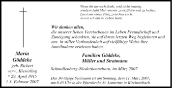 Traueranzeige von Maria Göddeke von Tageszeitung