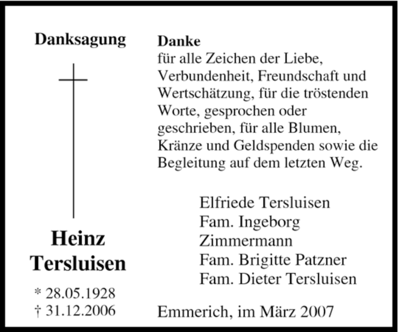  Traueranzeige für Heinz Tersluisen vom 03.03.2007 aus Tageszeitung