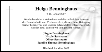 Traueranzeige von Helga Benninghaus von Tageszeitung