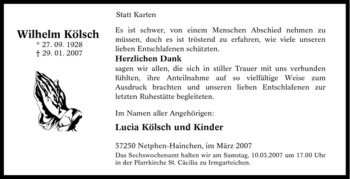 Traueranzeige von Wilhelm Kölsch von Tageszeitung