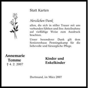 Traueranzeige von Annemarie Temme von Tageszeitung