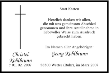 Traueranzeige von Christel Kohlbrunn von Tageszeitung