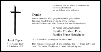 Traueranzeige von Josef Teppe von Tageszeitung