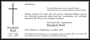 Traueranzeige von Friedrich Wulf von Tageszeitung