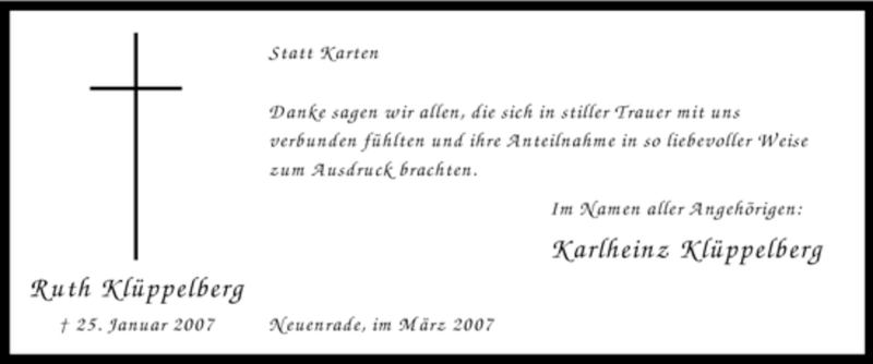  Traueranzeige für Ruth Klüppelberg vom 03.03.2007 aus Tageszeitung