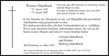 Traueranzeige von Werner Onkelbach von Tageszeitung