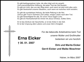 Traueranzeige von Erna Eicker von Tageszeitung