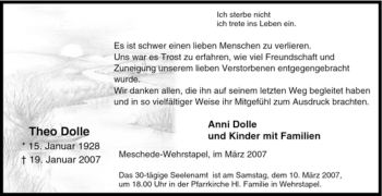 Traueranzeige von Theo Dolle von Tageszeitung