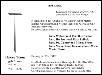 Traueranzeige von Helene Tönne von Tageszeitung