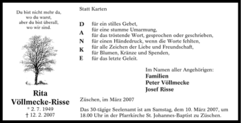 Traueranzeige von Rita Völlmecke-Risse von Tageszeitung