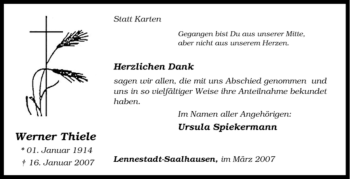 Traueranzeige von Werner Thiele von Tageszeitung