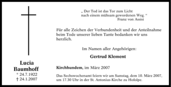 Traueranzeige von Lucia Baumhoff von Tageszeitung