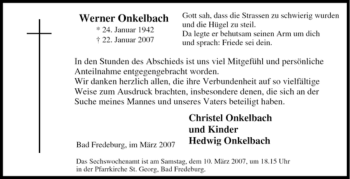 Traueranzeige von Werner Onkelbach von Tageszeitung