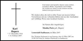 Traueranzeige von Karl Huperz von Tageszeitung