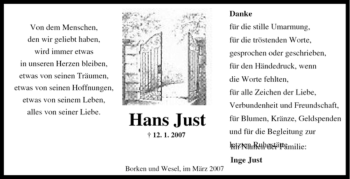 Traueranzeige von Hans Just von Tageszeitung