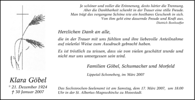  Traueranzeige für Klara Göbel vom 07.03.2007 aus Tageszeitung