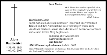 Traueranzeige von Aloys Baumeister von Tageszeitung