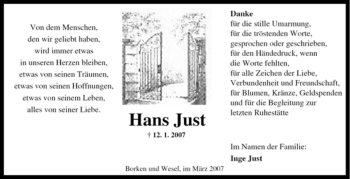 Traueranzeige von Hans Just von Tageszeitung