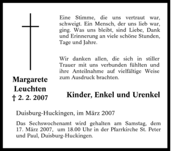 Traueranzeige von Margarete Leuchten von Tageszeitung