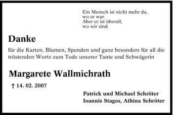 Traueranzeige von Margarete Wallmichrath von Tageszeitung
