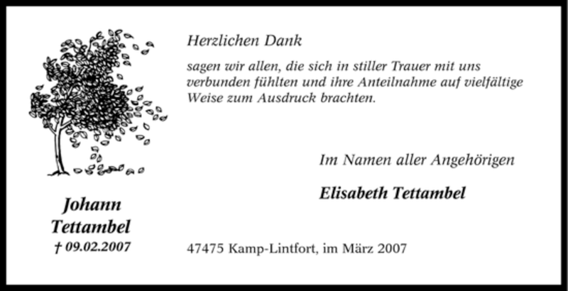  Traueranzeige für Johann Tettambel vom 07.03.2007 aus Tageszeitung