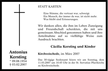 Traueranzeige von Antonius Kersting von Tageszeitung