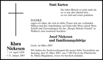 Traueranzeige von Klara Nickesen von Tageszeitung