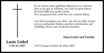 Traueranzeige von Luzie Unkel von Tageszeitung