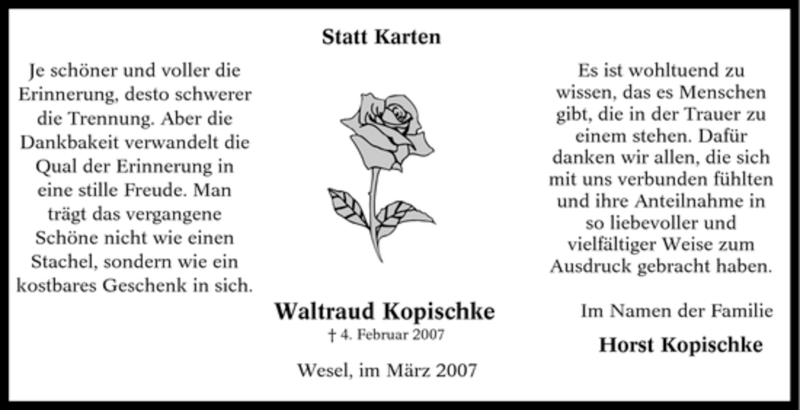  Traueranzeige für Waltraud Kopischke vom 08.03.2007 aus Tageszeitung