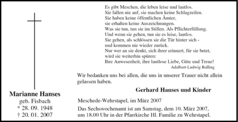  Traueranzeige für Marianne Hanses vom 08.03.2007 aus Tageszeitung