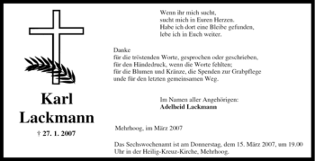 Traueranzeige von Karl Lackmann von Tageszeitung
