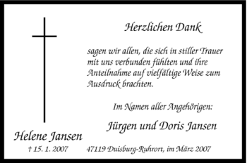 Traueranzeige von Helene Jansen von Tageszeitung